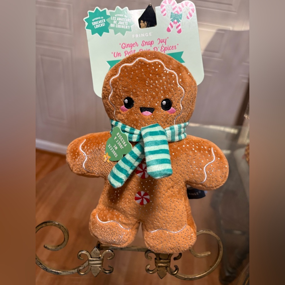 NEW Dog Toy Gingerbread 10”Plush Clinker Squeaker Fringe
